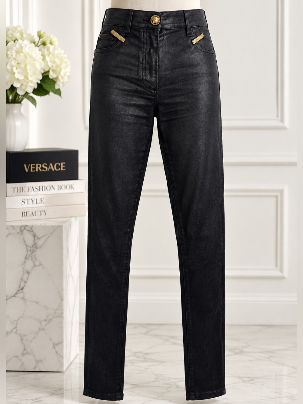 Versace Black Skinny Jeans Medusa Hardware Stretch Denim Size 26